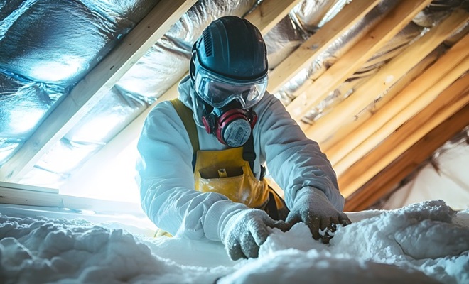 man installing insulation in PPE