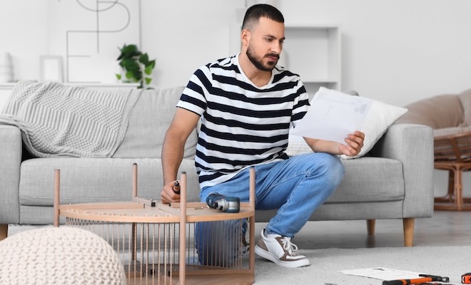 man crouching beside coffee table with instructions