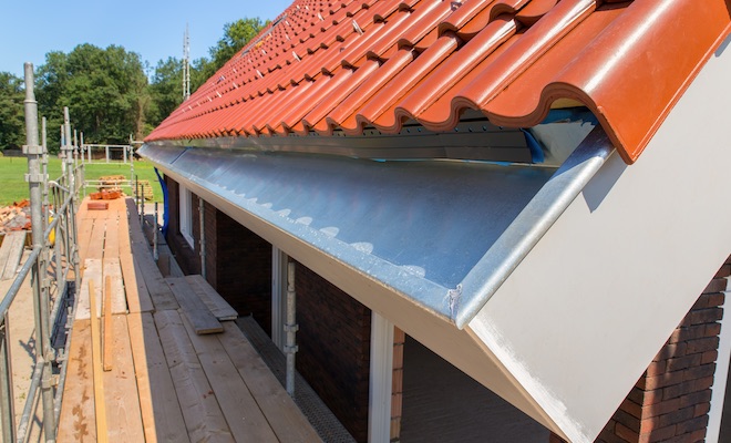 roof scaffolding and guttering up close
