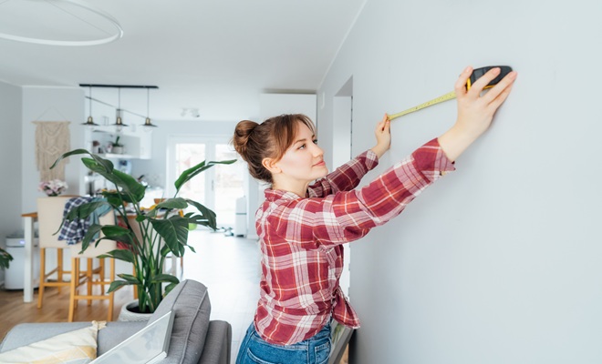 Woman marking walls for picture