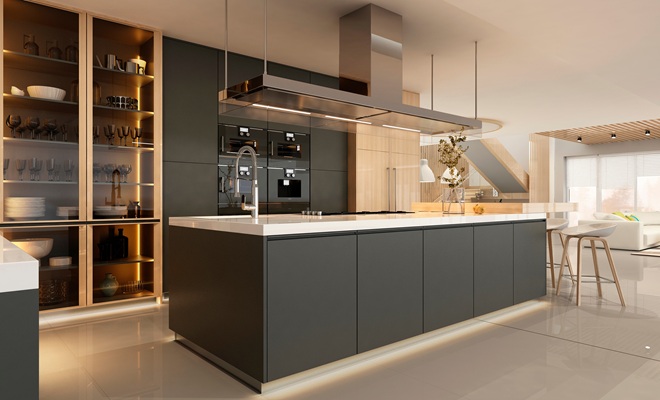 Kitchen with wall cabinets and open shelves