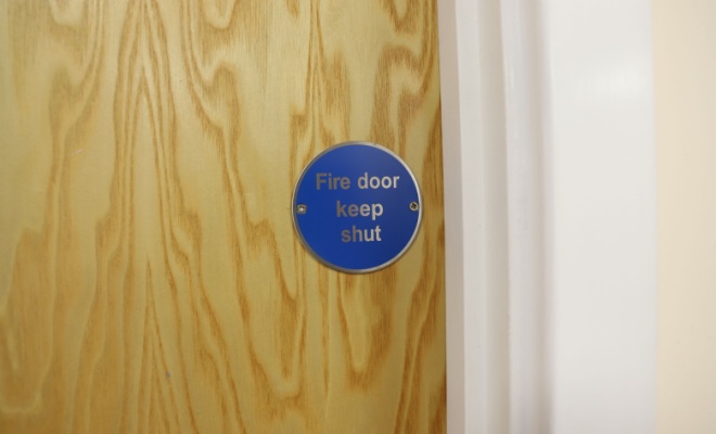close up of fire door sign
