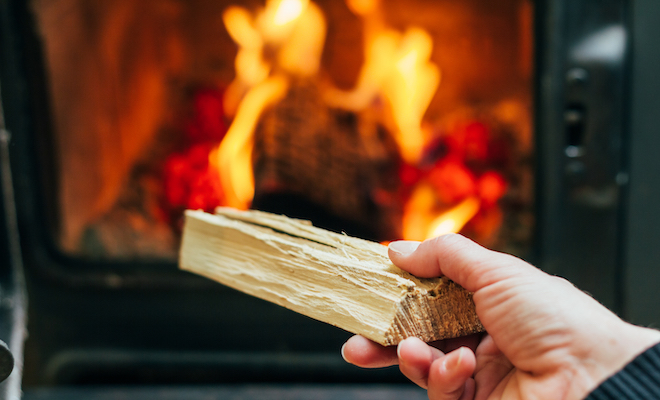 person putting wood in woodburner